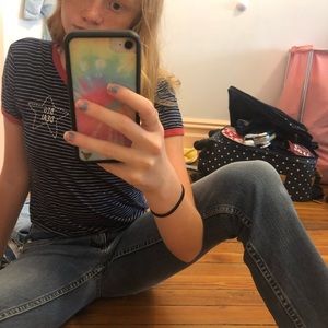 Red white and blue ringer tee with embroidery